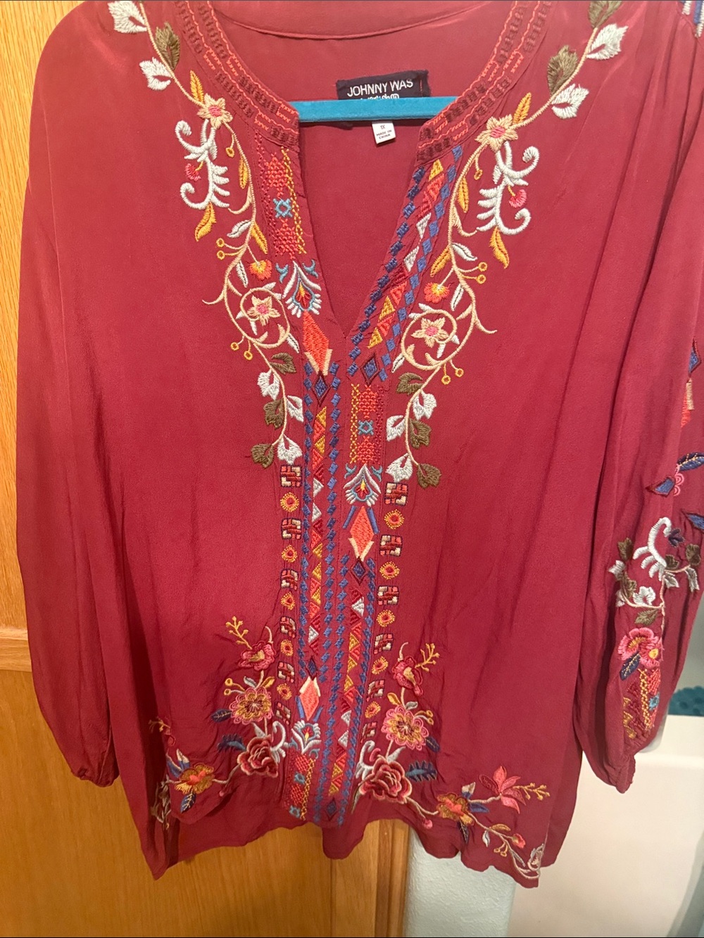 Johnny Was Maroon Silk Embroidered V-Neck Tunic 1X
